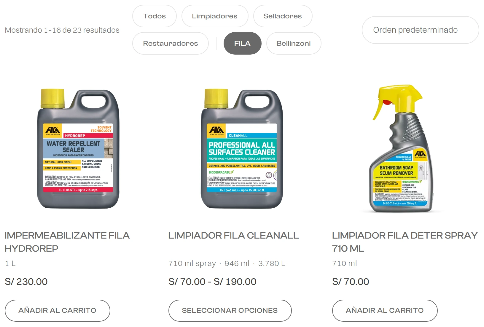 Tienda FILA con filtros, orden, presentaciones, precios y botones Añadir al carrito y Seleccionar opciones.