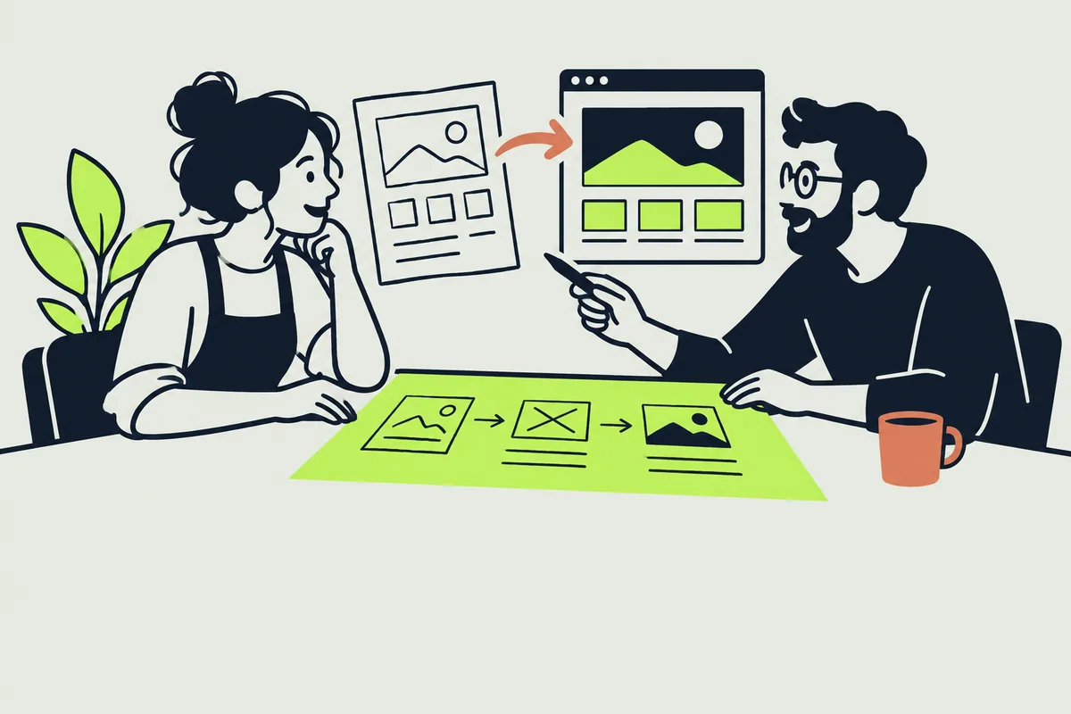 Ilustración de dos personas trabajando juntas en el diseño de una página web.