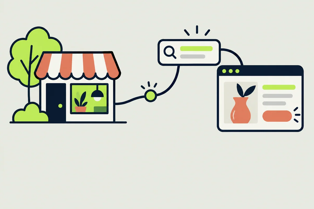 Ilustración de una tienda conectada con una búsqueda y una página de productos.