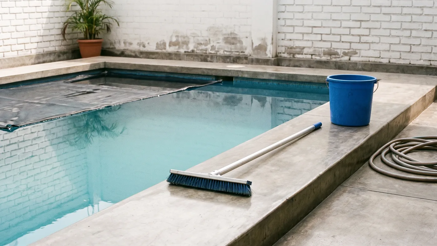 Piscina de concreto con agua turquesa, con una malla oscura flotando en uno de sus extremos; sobre el borde, un cepillo de fondo con mango de aluminio, un balde azul y una manguera enrollada sobre el cemento, junto a una pared de ladrillo pintada de blanco.