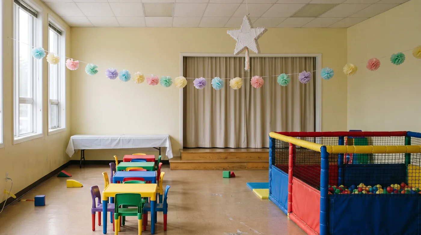 Salón vacío de un local para fiestas infantiles, con paredes amarillo pálido, ventanas altas, una guirnalda de pompones de papel de colores pastel, una piñata blanca en forma de estrella frente a un escenario bajo con cortina, mesitas y sillas de plástico de colores y una piscina de pelotas con cerco acolchado azul, rojo y amarillo