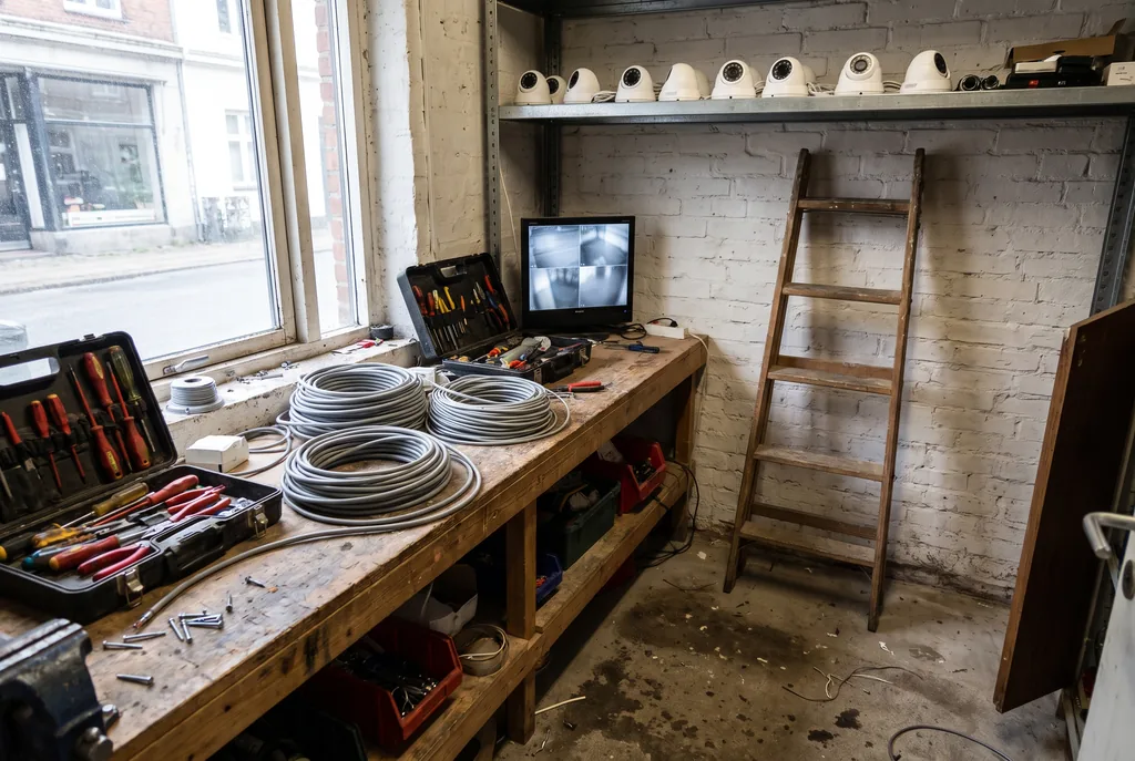 Taller pequeño de instalación de cámaras de seguridad, con una fila de cámaras domo blancas en un estante metálico, rollos de cable gris sobre un banco de madera, dos maletines de herramientas abiertos, un monitor con cuatro cuadros grises, una escalera de madera apoyada en una pared de ladrillo pintada de blanco y una ventana que da a una calle