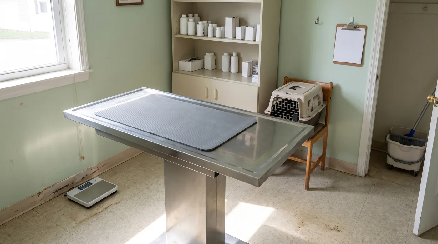 El consultorio de una veterinaria con paredes verde pálido: una camilla de acero con una colchoneta gris, una balanza para mascotas en el piso, una repisa con frascos y cajas blancos, una transportadora vacía sobre una silla y una tablilla colgada en la pared