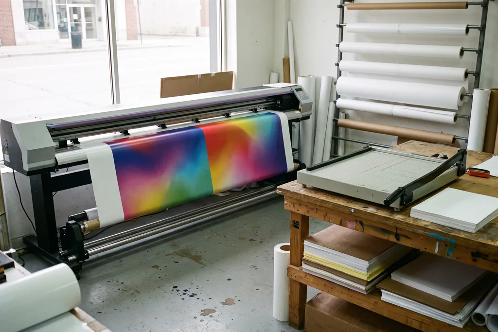 Interior de una imprenta pequeña: una impresora de gran formato con una gigantografía de colores a medio imprimir, rollos de papel y vinilo en un estante, una guillotina y pilas de papel sobre una mesa de madera junto a una ventana a la calle
