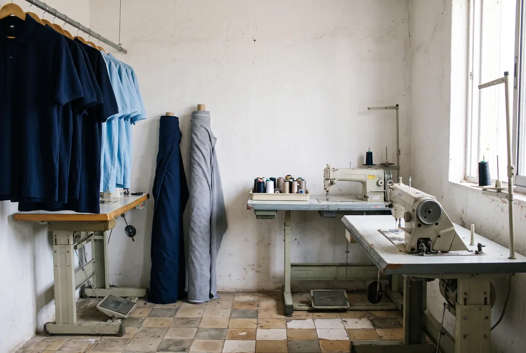 Un taller de confección con polos azules colgados de un perchero, dos rollos de tela azul y gris contra la pared, dos máquinas de coser industriales y carretes de hilo en una bandeja, junto a una ventana