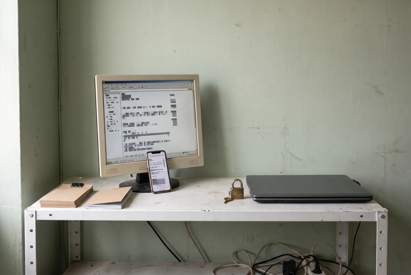 Un estante blanco contra una pared verde salvia: una pila de tarjetas con un clip y un cuaderno a la izquierda, un monitor viejo con una web anticuada, un celular apoyado con la página encogida y, a la derecha, un candado con su llave junto a una laptop cerrada