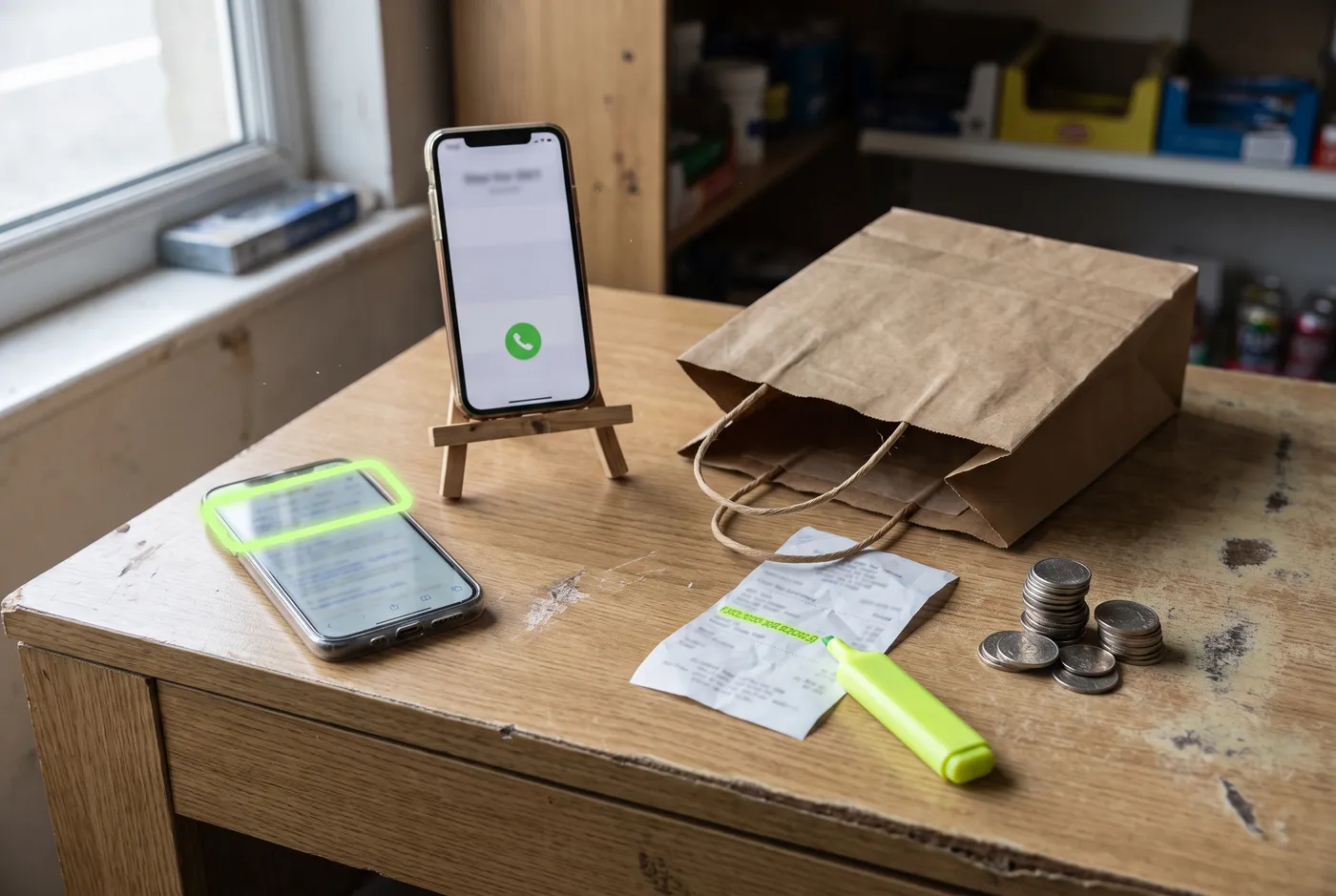 Un mostrador de madera junto a una ventana: un celular con un resultado de búsqueda marcado en lima, otro celular en un atril con una llamada entrante, una bolsa de papel y una boleta con una línea resaltada en lima junto a unas monedas