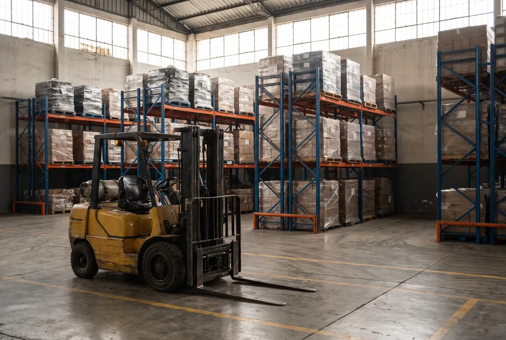 Un montacargas amarillo estacionado frente a estanterías con pallets en un almacén