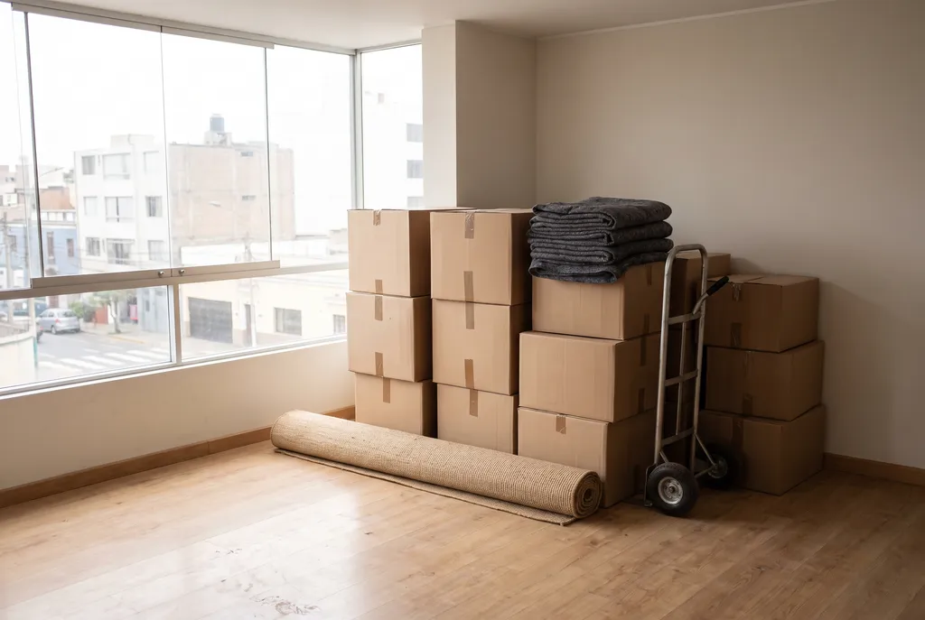 Cajas de mudanza apiladas, una alfombra enrollada y una carretilla en un departamento vacío con ventanas a la ciudad