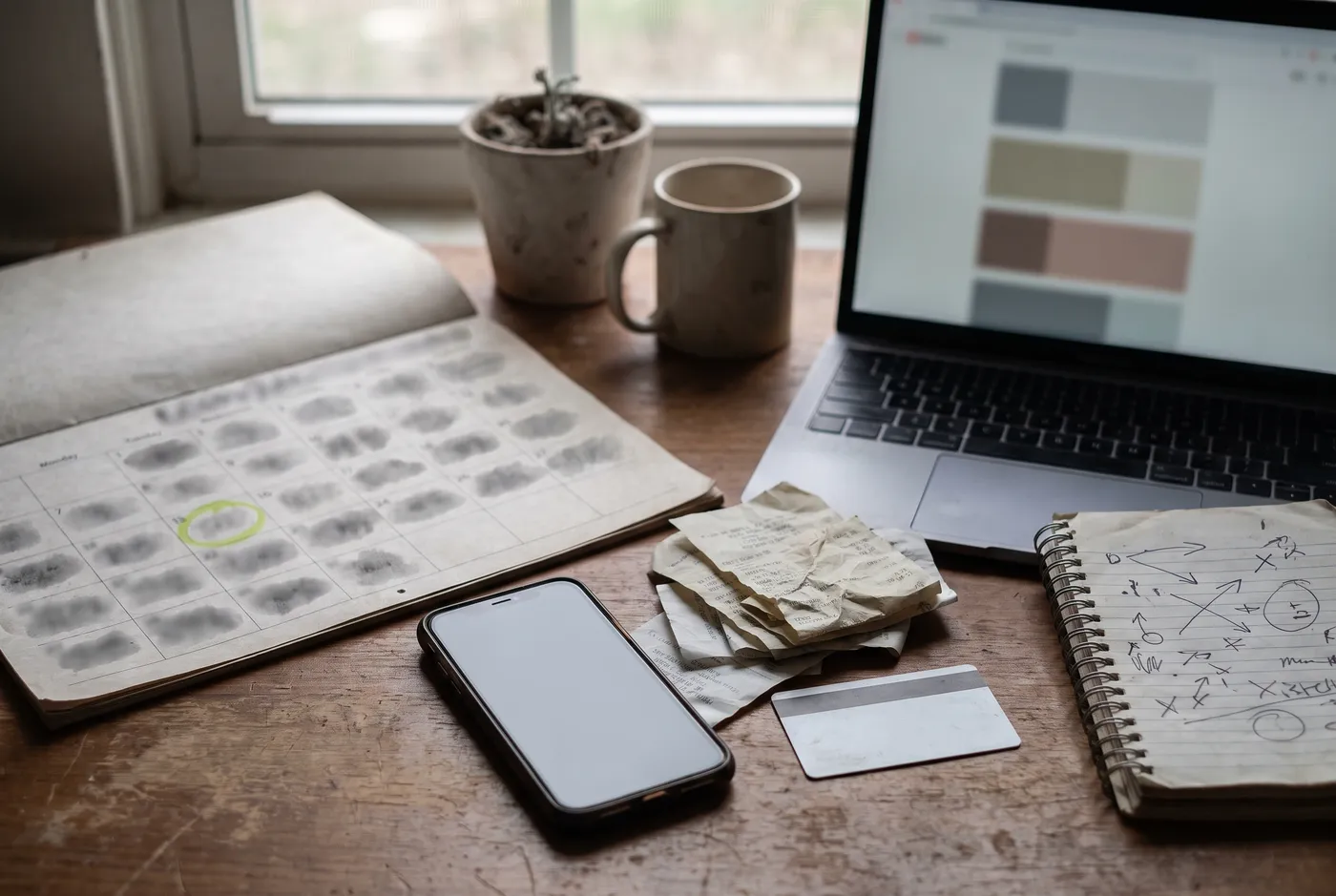 Un escritorio de madera junto a la ventana: un calendario con un día marcado en lima, un celular callado junto a boletas arrugadas y una tarjeta, una laptop con anuncios en la pantalla y una libreta con flechas y tachones