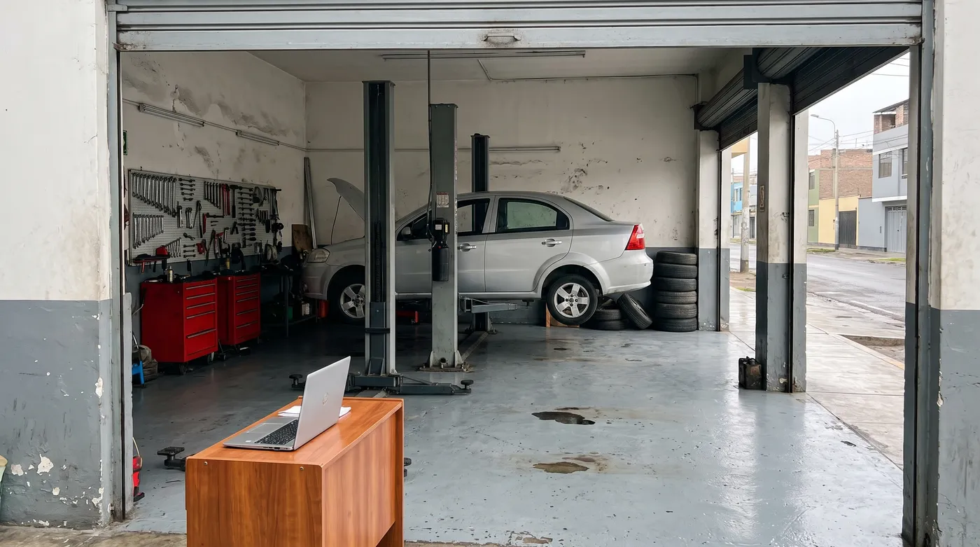 Un taller mecánico con la puerta enrollable abierta a la calle, un auto plateado en el elevador, llantas apiladas y cajoneras rojas de herramientas