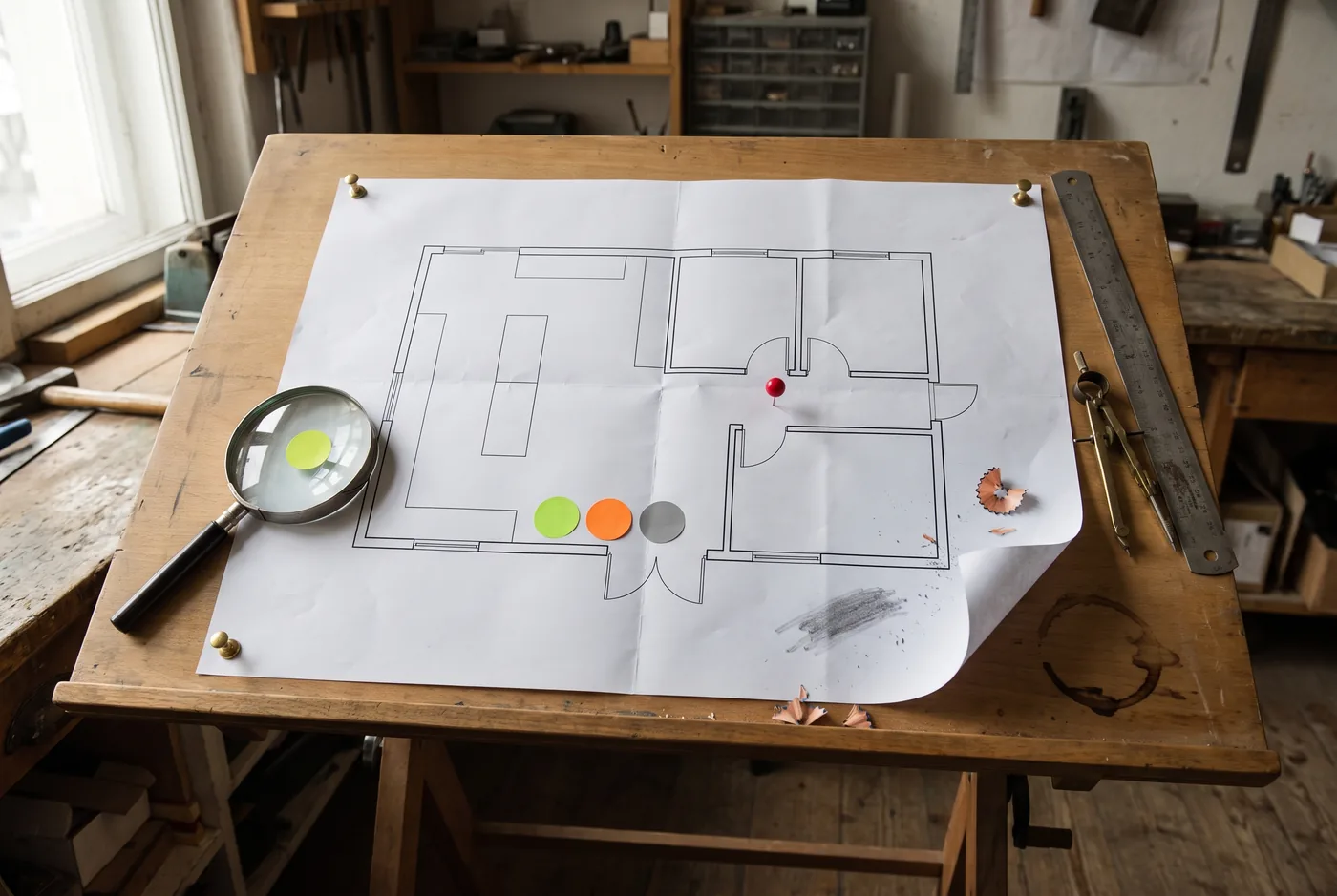 Mesa de dibujo inclinada de madera en un taller, con un plano impreso de un local sujeto con chinches de latón; sobre el plano hay una lupa con un punto verde, tres puntos de colores en fila y un chinche rojo clavado en una habitación, y a la derecha una regla de acero y un compás de latón