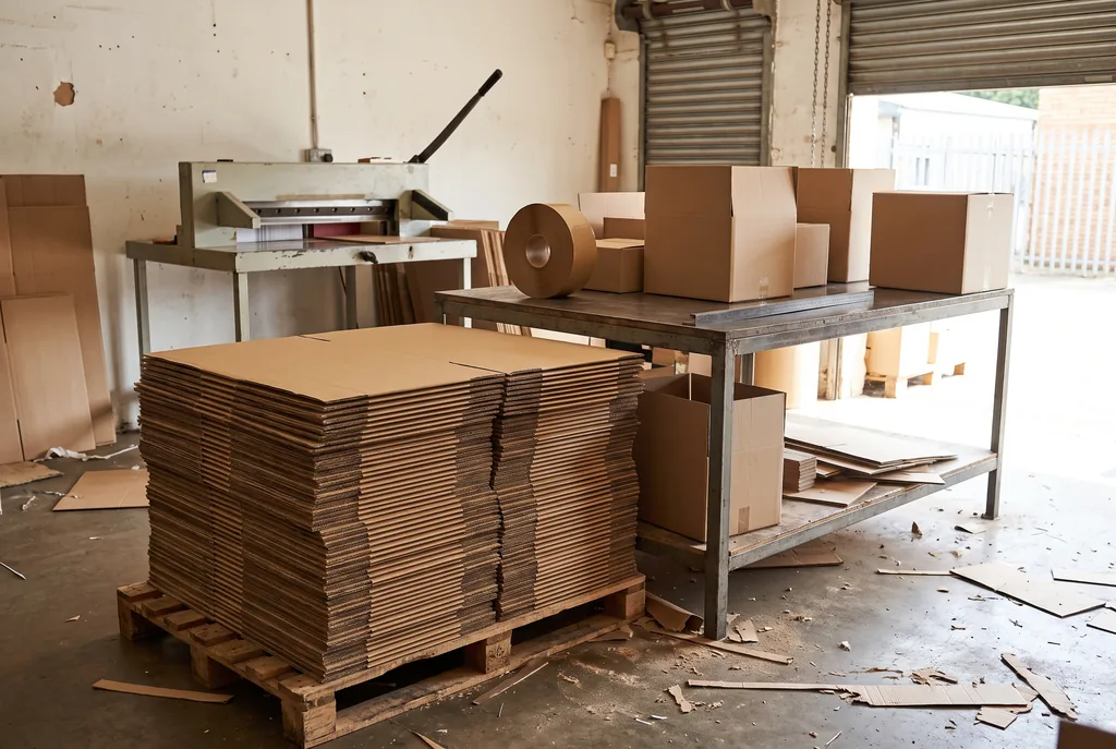 Taller de cajas de cartón corrugado: una pila de láminas troqueladas sobre una paleta de madera, cajas armadas y un rollo de cinta marrón sobre una mesa de acero, una guillotina manual al fondo y restos de cartón sobre el piso de concreto