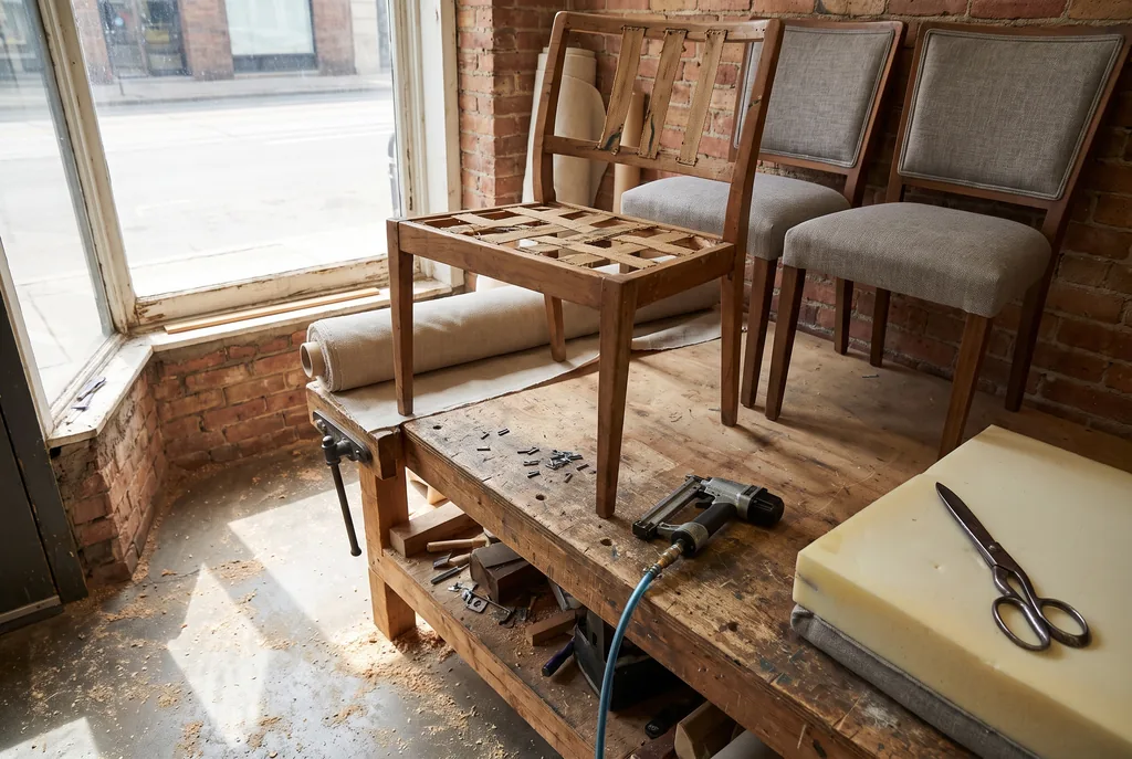 Taller de tapicería junto a una ventana: una silla de comedor con la estructura de madera y las cinchas al descubierto sobre un banco de trabajo, un rollo de lino beige, una engrapadora neumática, una tijera sobre un bloque de espuma y dos sillas ya tapizadas en tela gris