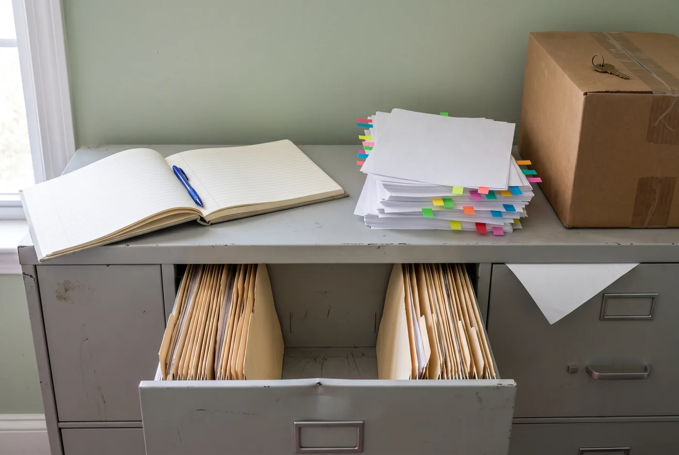 Archivador metálico gris contra una pared verde pálido; encima hay un libro de visitas abierto con las páginas casi en blanco, una pila de hojas con muchas pestañas de colores y una caja de cartón con una llave sobre la tapa; el cajón superior está abierto y muestra carpetas con un hueco vacío en medio