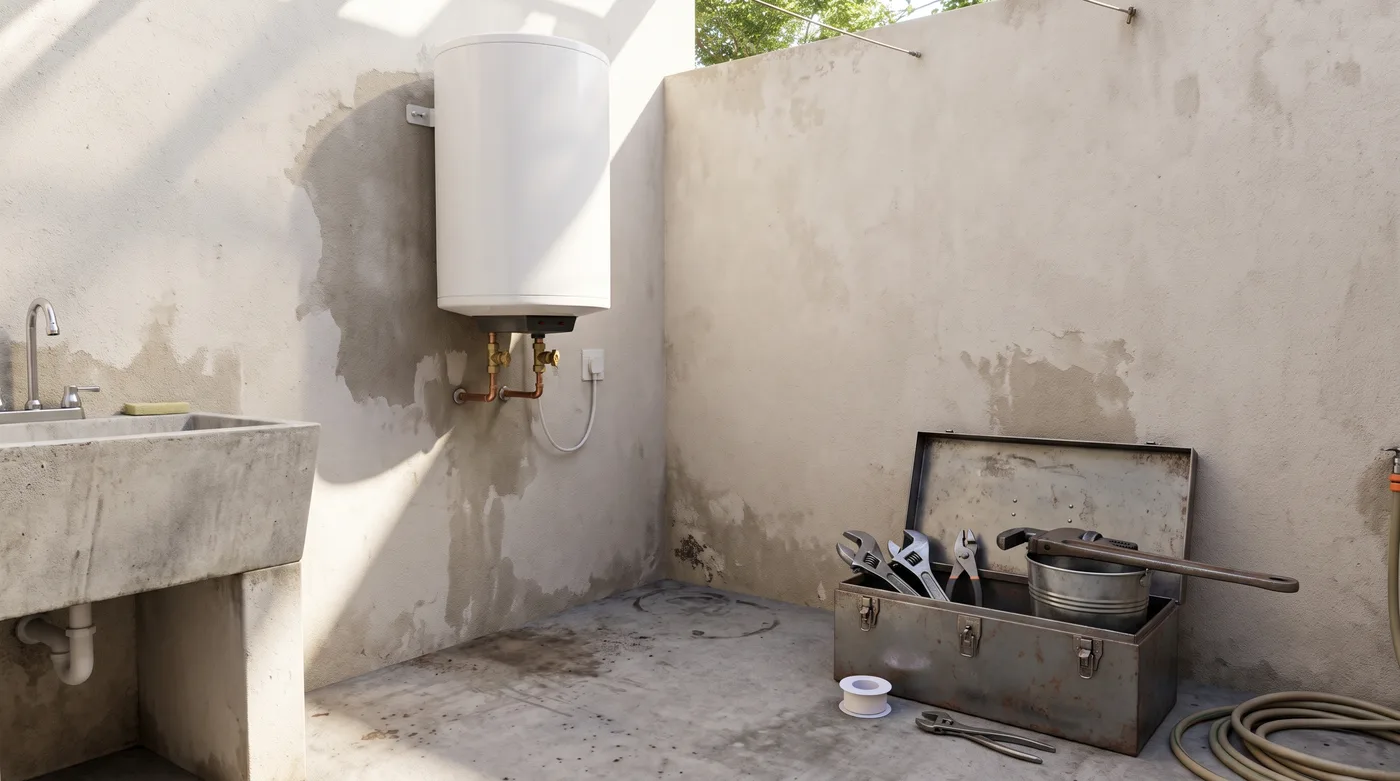Patio de servicio de una casa con una terma eléctrica blanca sin marca montada en una pared de yeso con tuberías de cobre y llaves de latón debajo; a la derecha una caja de herramientas de acero abierta con llaves ajustables y alicates, un rollo de cinta de teflón y un balde con una llave de tubo encima, y a la izquierda un lavadero con su caño