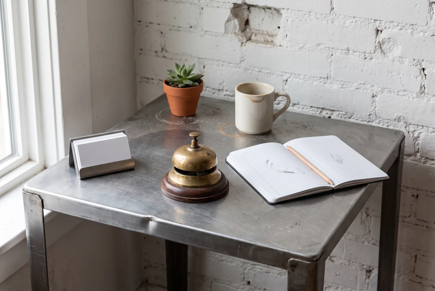 Mesa lateral de metal en la recepción de un negocio pequeño, contra una pared de ladrillo blanqueado; a la izquierda un portatarjetas de metal con tarjetas en blanco, en el centro una campanilla de latón sobre un posavasos de madera y a la derecha una libreta abierta con un lápiz, junto a una taza con un aro de café y una suculenta