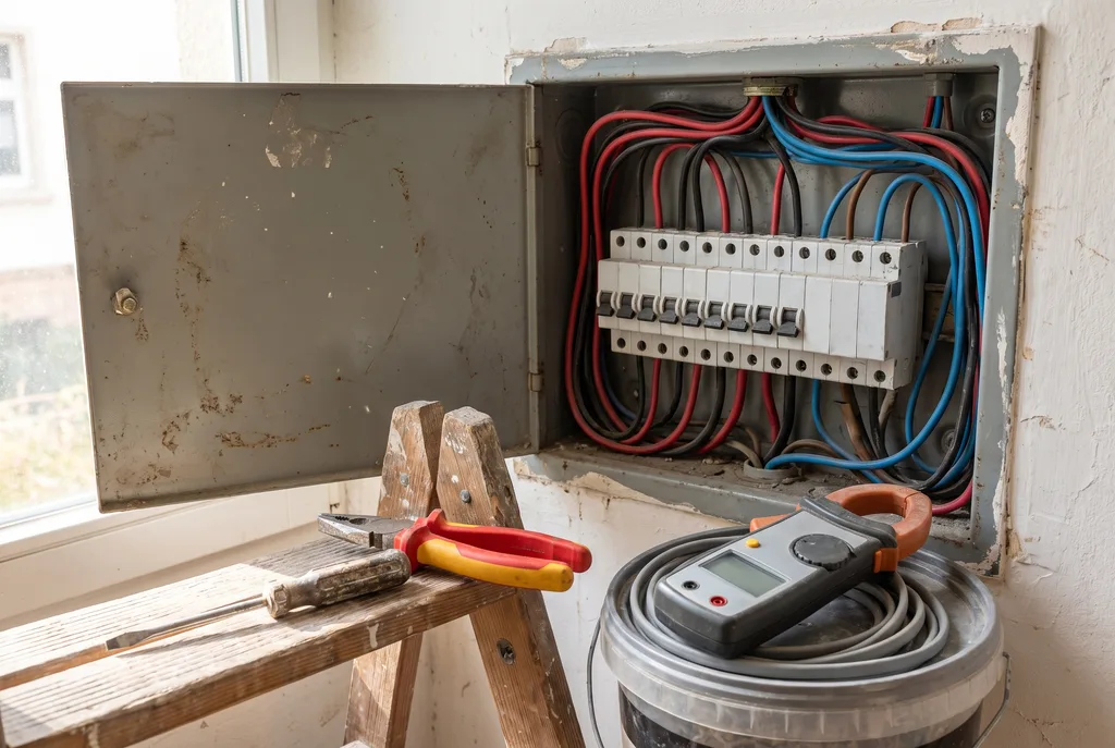 Tablero eléctrico antiguo de una casa con la tapa retirada, interruptores blancos en hilera, manojos de cables rojos, negros y azules, un destornillador y unos alicates aislados sobre el peldaño de una escalera y una pinza amperimétrica sobre un balde