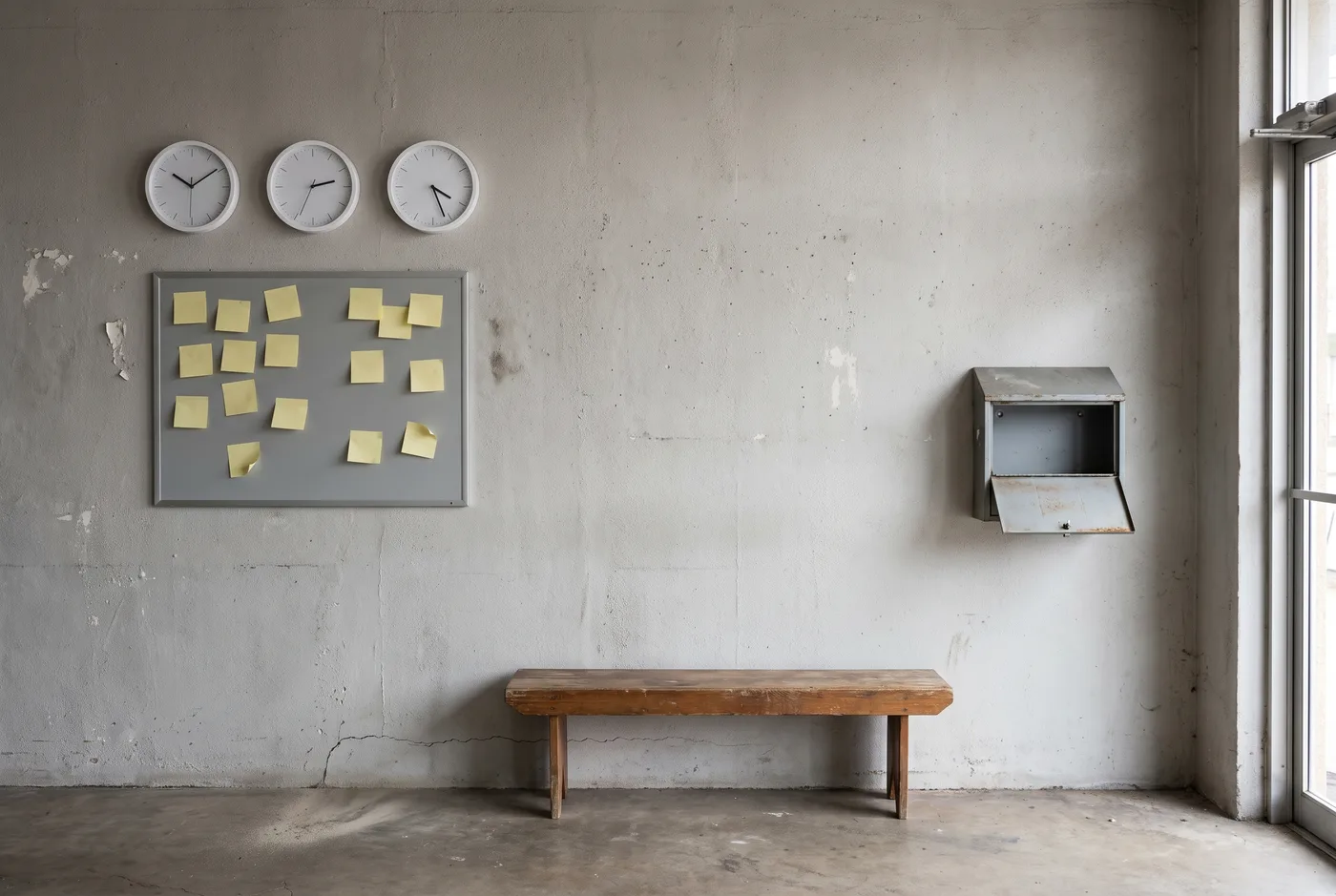 Hall de ingreso de un edificio de oficinas pequeño con una pared de concreto visto; a la izquierda tres relojes de pared redondos con la hora distinta, en el centro un tablero metálico con una docena de notas adhesivas amarillas en blanco y a la derecha un buzón de acero gris con la tapa entreabierta y vacío, con una banca sencilla en el piso