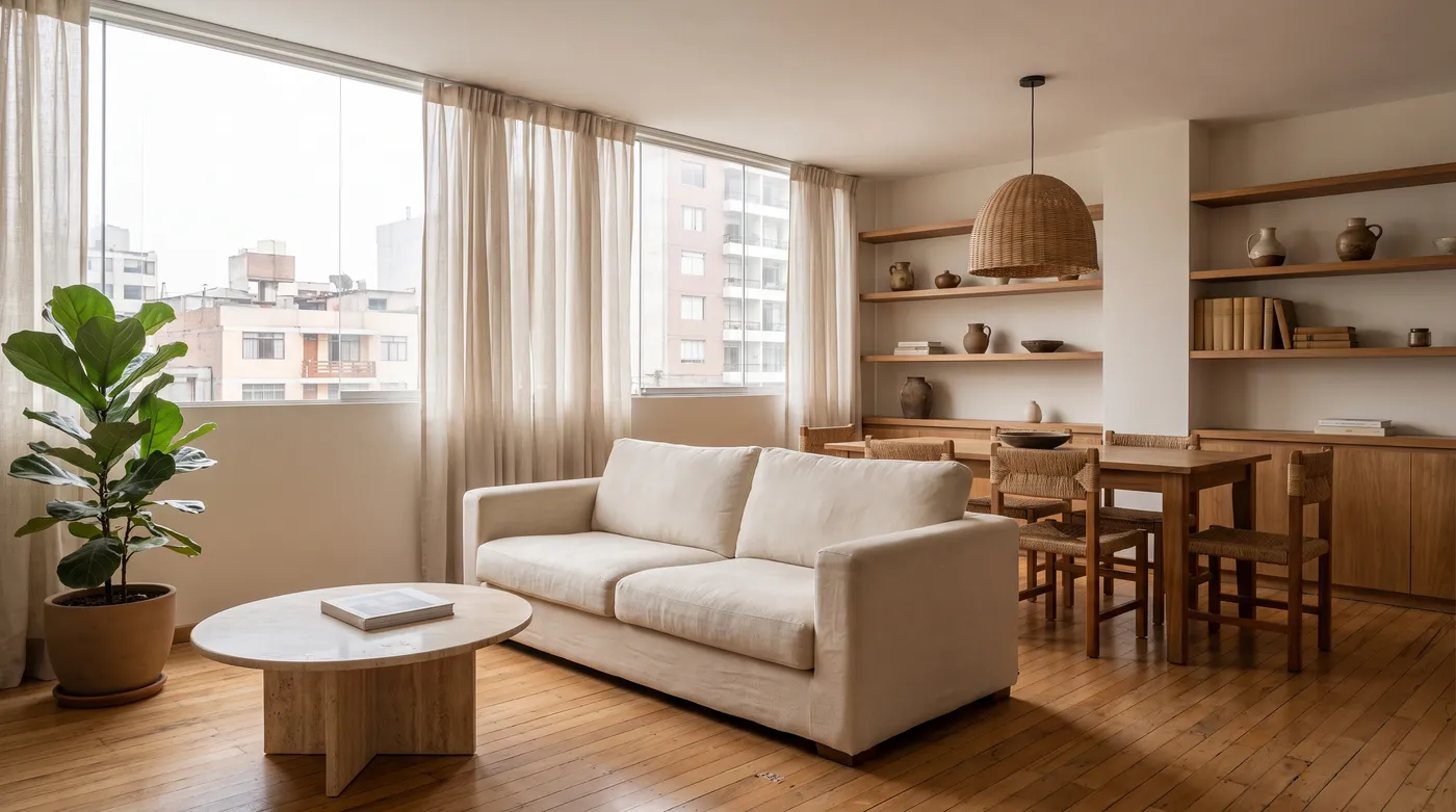 Sala y comedor de un departamento recién diseñado, con piso de madera clara, sofá de lino, mesa de travertino y la ciudad detrás de las cortinas