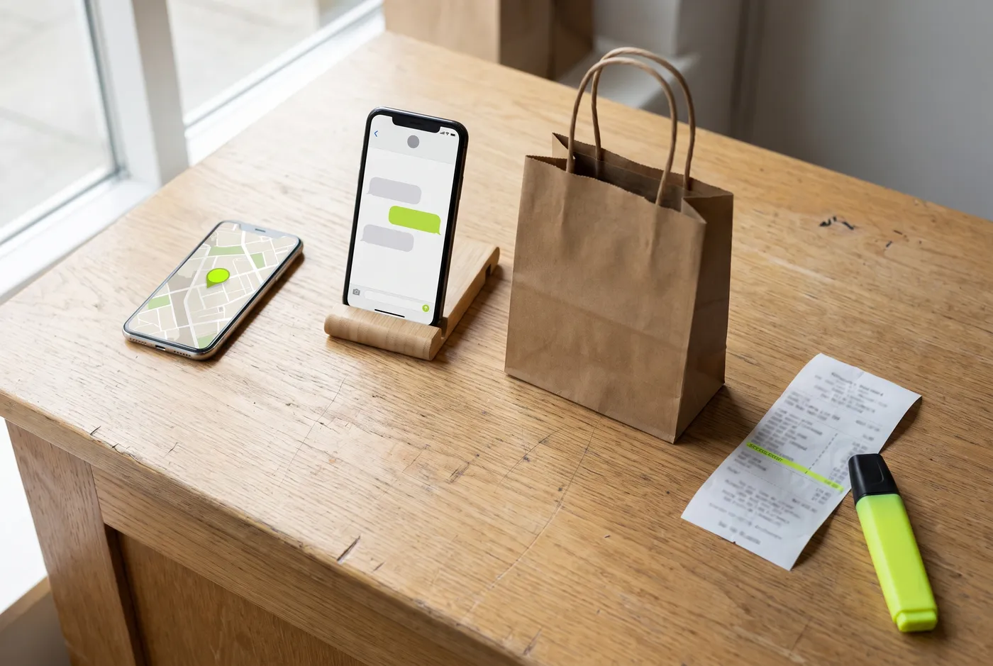 Un mostrador de madera con luz de día: un celular con un mapa y un pin lima, otro celular con mensajes, una bolsa de papel y una boleta con una línea resaltada en lima