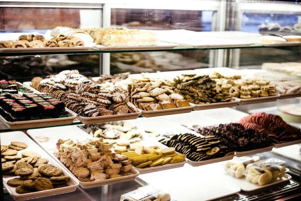 Vitrina de una pastelería con bandejas de galletas y dulces