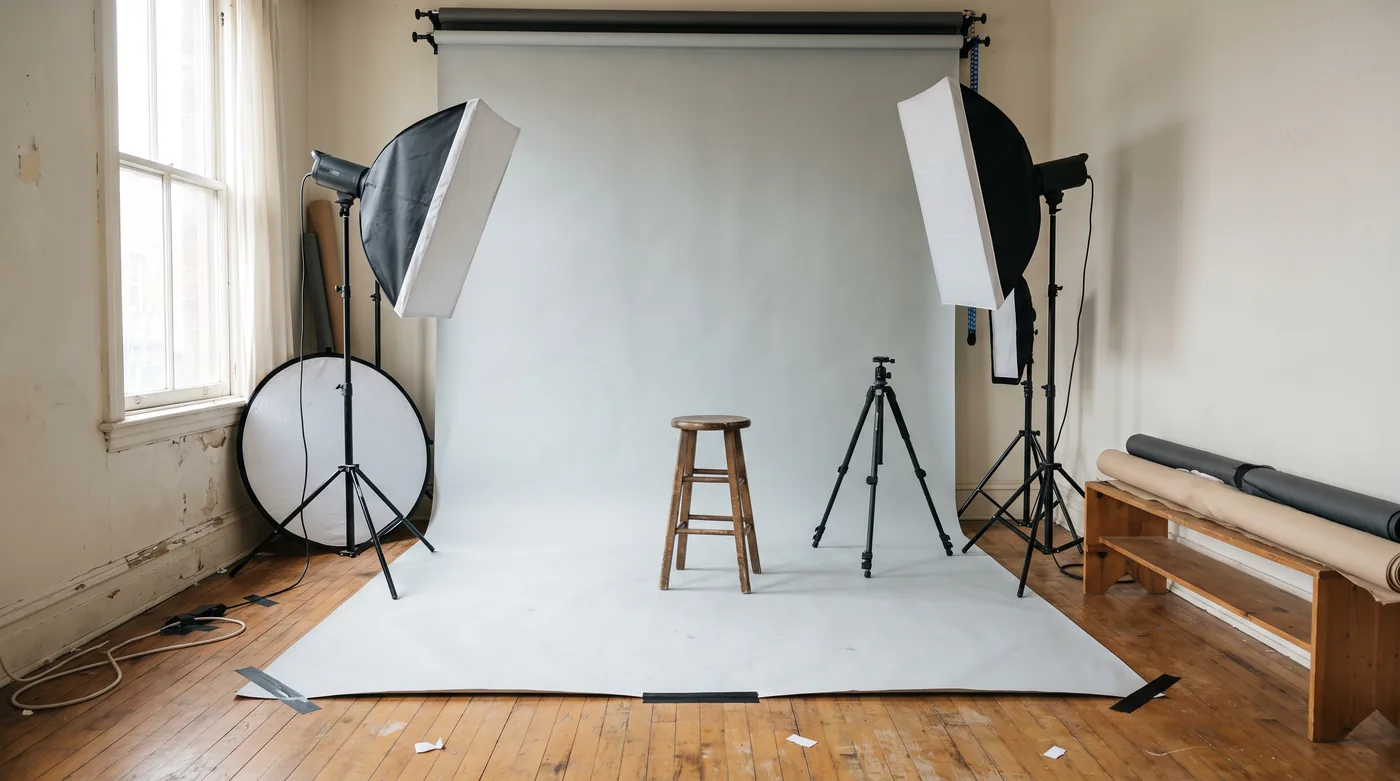 Estudio de fotografía vacío por la mañana, con un fondo de papel gris claro que baja hasta un piso de madera gastado, dos flashes negros con difusores blancos en pie alto, un reflector redondo blanco, un banco alto de madera en el centro, un trípode sin cámara, un estante bajo de madera con rollos de tela beige y gris oscuro, cables con cinta en el piso y una ventana alta con cortina clara