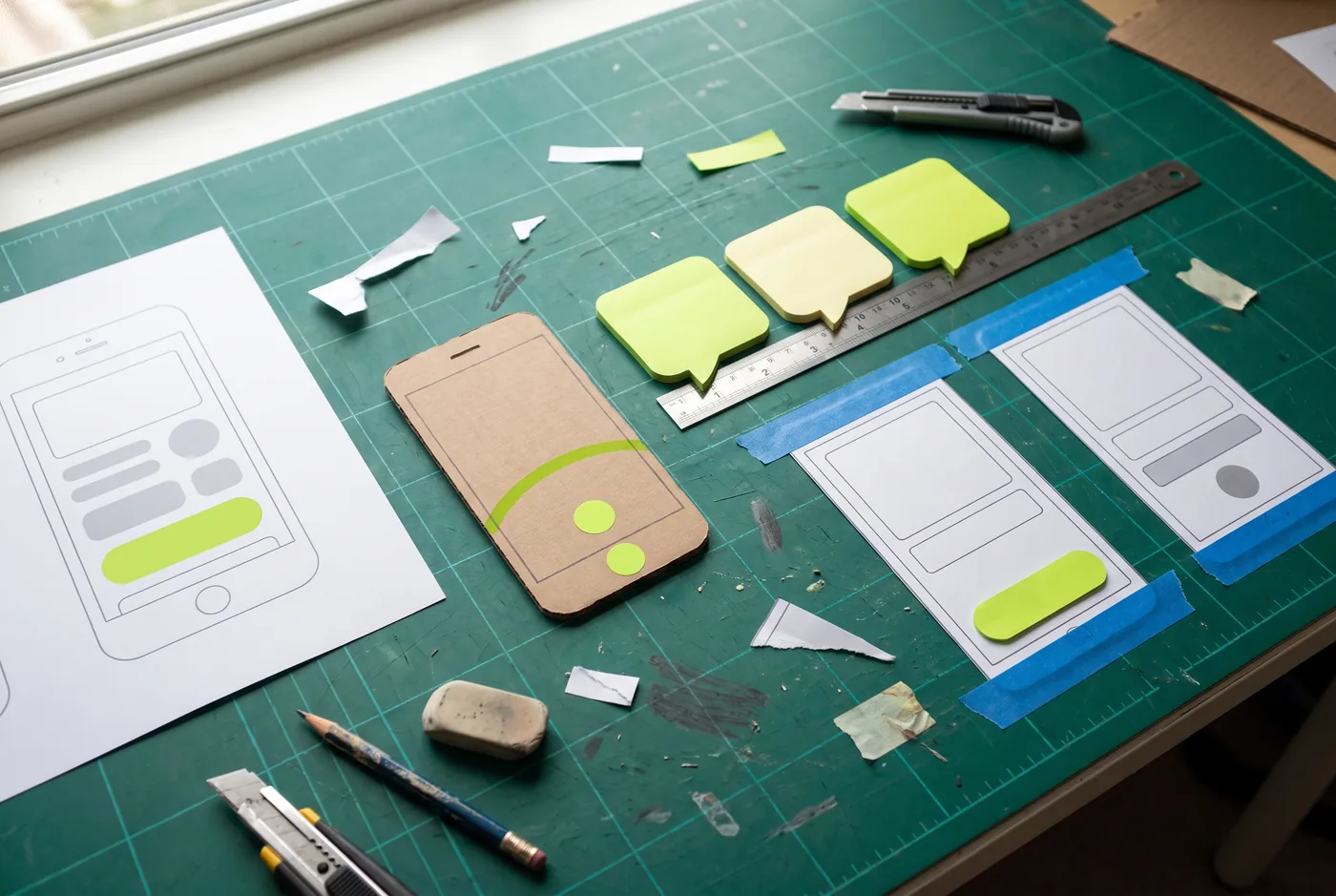 Mesa de trabajo sobre un tapete de corte verde junto a una ventana, con una hoja impresa con el dibujo de una pantalla de celular hecha de rectángulos y un botón verde lima, un celular de cartón con un arco verde lima trazado y un punto adhesivo, tres notas adhesivas en forma de globo de diálogo en blanco sobre una regla de acero, y dos hojas con pantallas dibujadas pegadas con cinta azul, una con un botón grande verde lima y otra con un botón chico gris