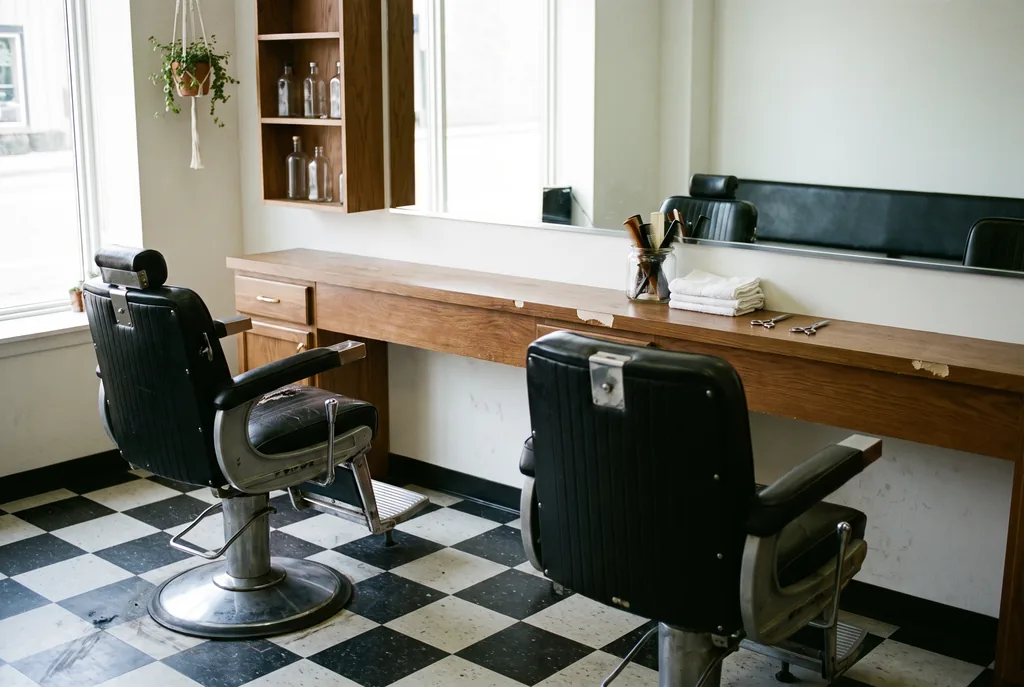 Barbería chica vacía por la mañana, con dos sillones de cuero negro de estilo antiguo frente a un mesón largo de madera con un espejo grande que refleja el salón vacío, un frasco de vidrio con peines, toallas blancas dobladas y dos tijeras, un estante de madera con botellas de vidrio transparentes, un piso de damero blanco y negro con rayones y una planta colgante junto a la ventana que da a la calle