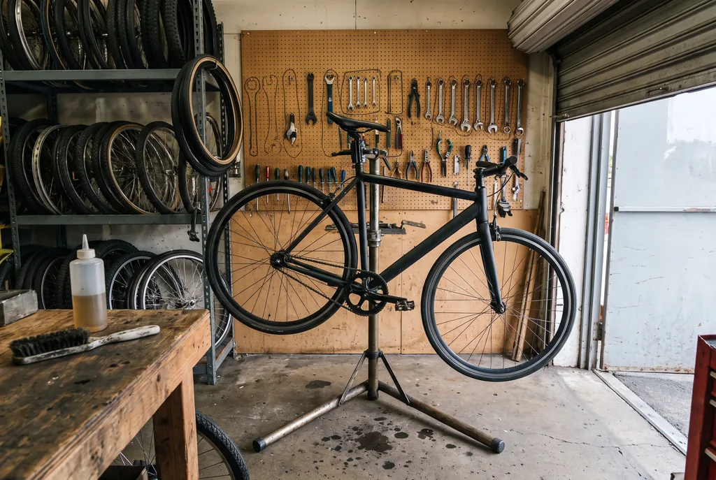 Taller chico de reparación de bicicletas, con una bicicleta de cuadro negro mate colgada de un soporte de reparación, un panel de clavijas con llaves, alicates y destornilladores colgados, un estante metálico con llantas y aros, un banco de madera con una botella de lubricante y un cepillo, un piso de cemento con manchas de aceite y una puerta enrollable abierta a la derecha