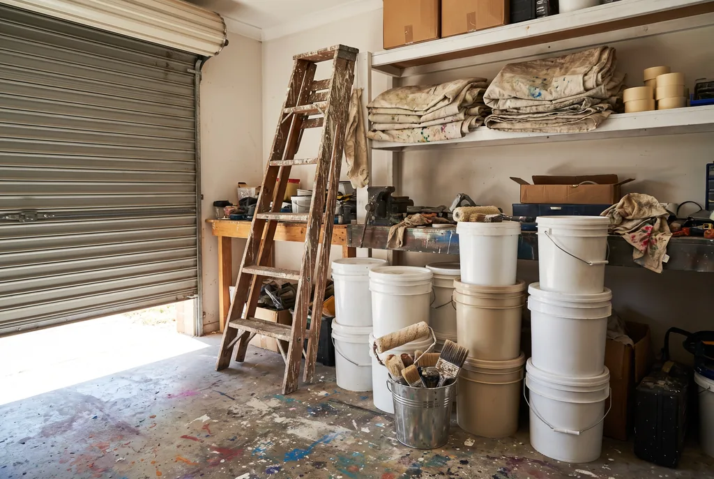 Cochera de un servicio de pintura con una puerta enrollable entreabierta que da a la calle, una escalera de madera con goteras de pintura seca, baldes blancos y beige apilados sin etiquetas, un balde de metal con brochas y un rodillo, lonas manchadas de pintura dobladas en un estante, rollos de cinta de pintor y un piso de cemento con salpicaduras de colores