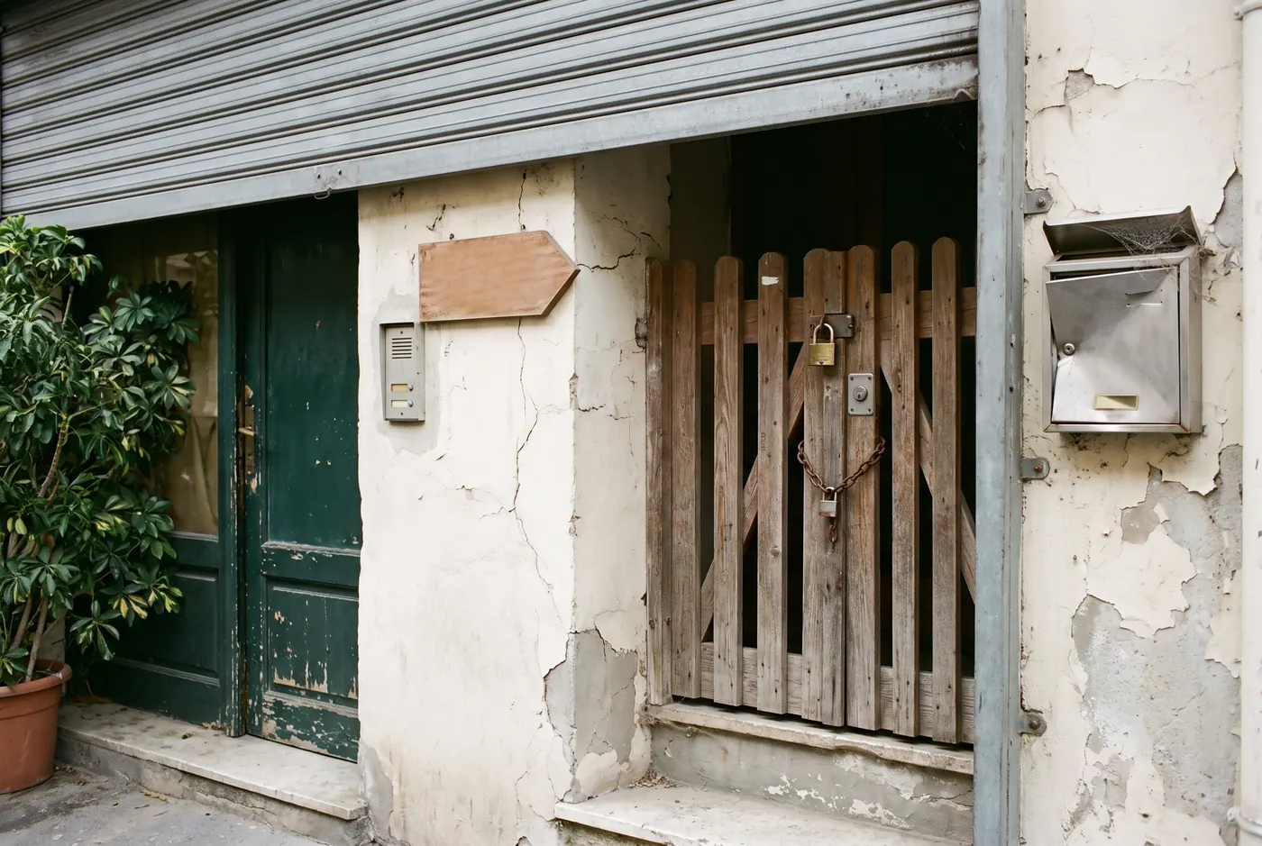 Frente de un negocio chico a nivel de calle con luz nublada: una persiana metálica gris, una puerta lateral verde descascarada junto a una planta grande en maceta, un timbre de pared con dos botones, un letrero de madera en forma de flecha en blanco, un portón de tablas cerrado con un candado, un cerrojo y una cadena con otro candado, y un buzón de acero abollado con telaraña y la tapa abierta, sobre una pared de yeso con la pintura descascarada